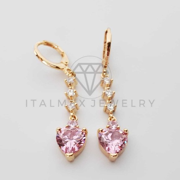 18K Gold Plated Pink CZ Heart Drop Earrings - Picture 3 of 8